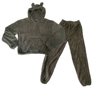Fuzzy Pant Set Bear Ear Crop Hoodie Fleece Sweatsuit Outfit Kids 13-14 Gray Warm